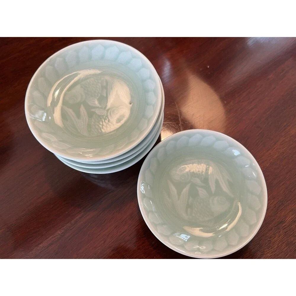 Longquan Celadon Koi Fish Rice Soup Bowls, Sauce Plates, Soup Spoons 18 Pieces